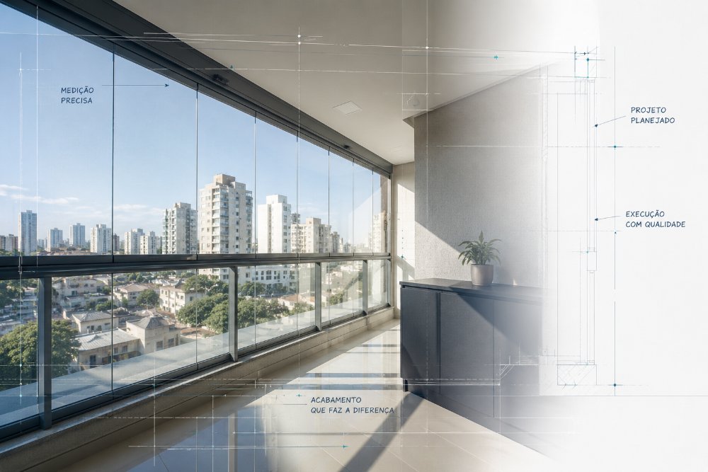 Composição gráfica com foto de varanda envidraçada e textos sobre medição precisa, projeto planejado, execução com qualidade e acabamento